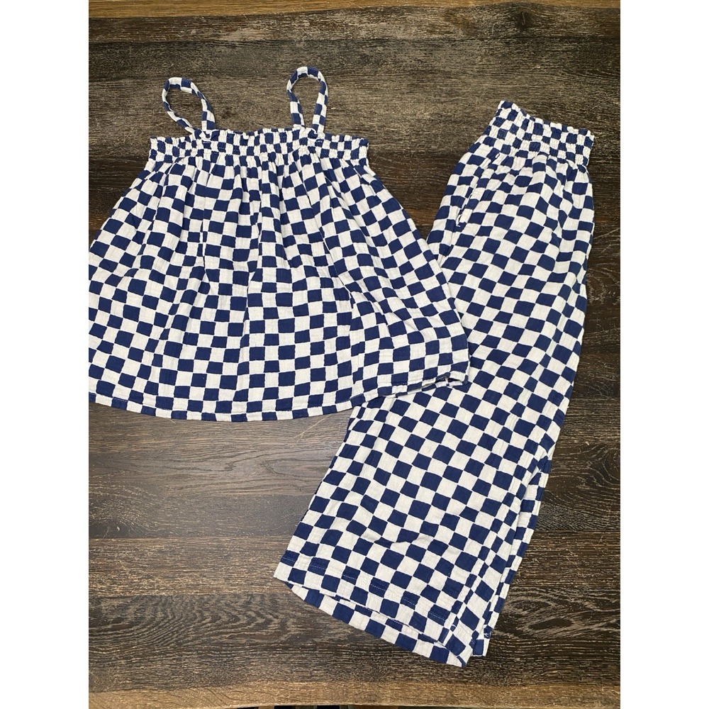 2PC Hanna Andersson Smocked Cami Top & Wide Leg Pant Set Navy White Check 10/12